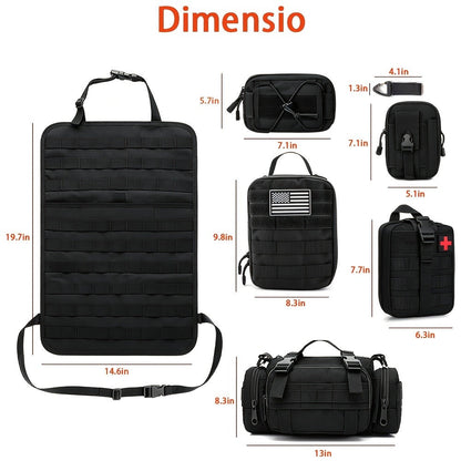 Black MOLLE-Style Seatback Car Organizer Panel with Five Detachable Pouches and Six Keychains