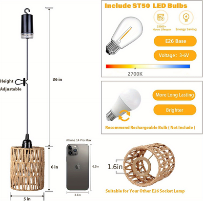 Battery Operated Pendant Light Rattan Boho Chandelier Hanging Light Warm White Bulb Wireless No-Wiring for Gazebo Pergola Porch Patio