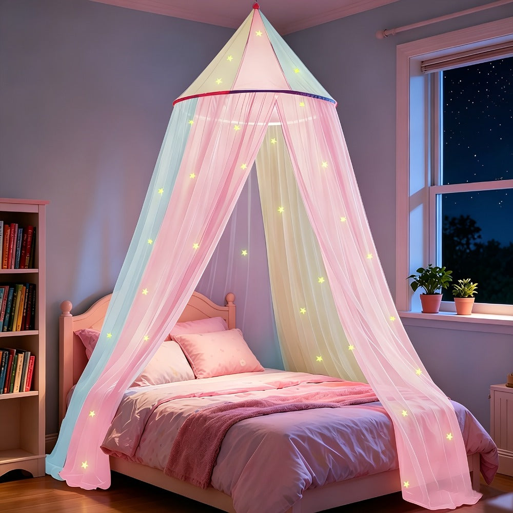 Bed Canopy for Girls Princess Rainbow Glow in the Dark Stars Colorful Canopy Curtain Fits for Entryways, Bedrooms and Living Spaces