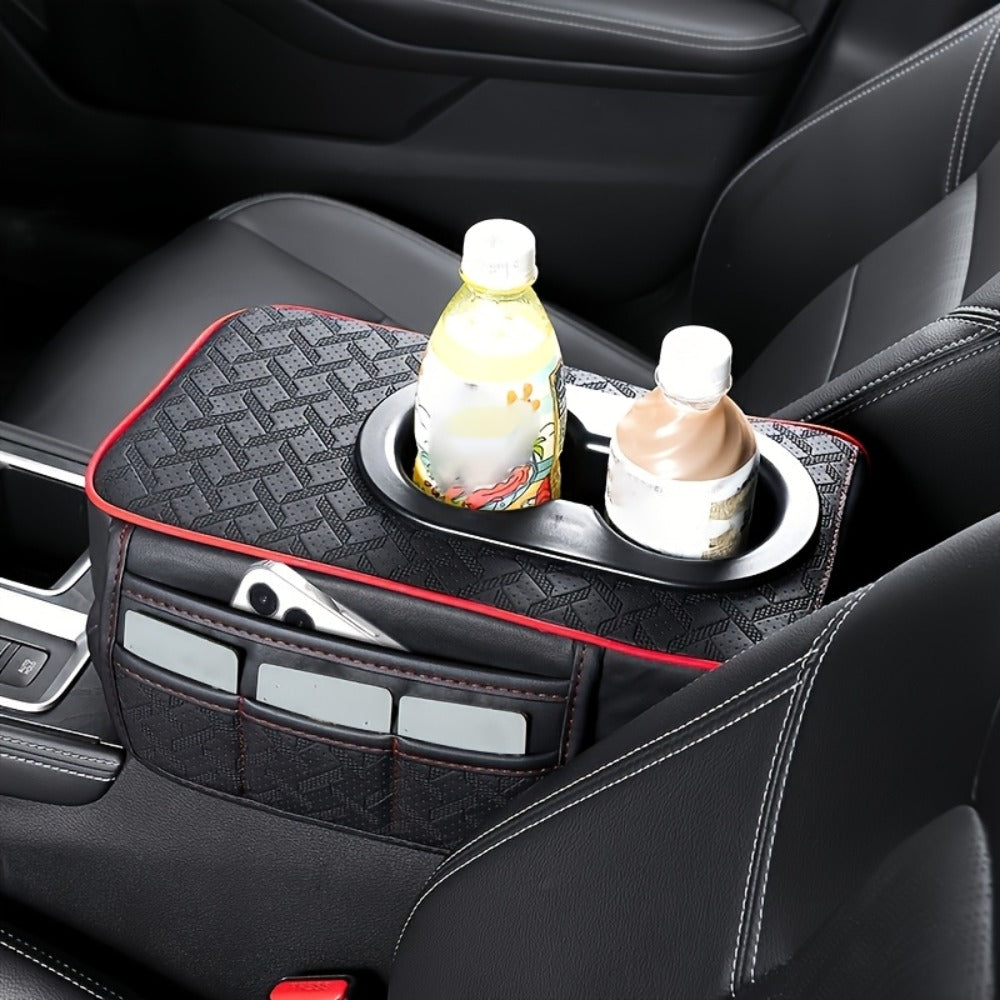 Car Center Console Cover PU Leather – Universal Armrest Box Mat with 2 Cup Holders & 2 Side Pockets, Phone & Card Storage