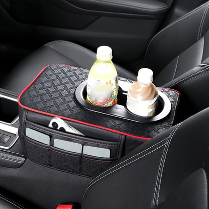 Car Center Console Cover PU Leather – Universal Armrest Box Mat with 2 Cup Holders & 2 Side Pockets, Phone & Card Storage