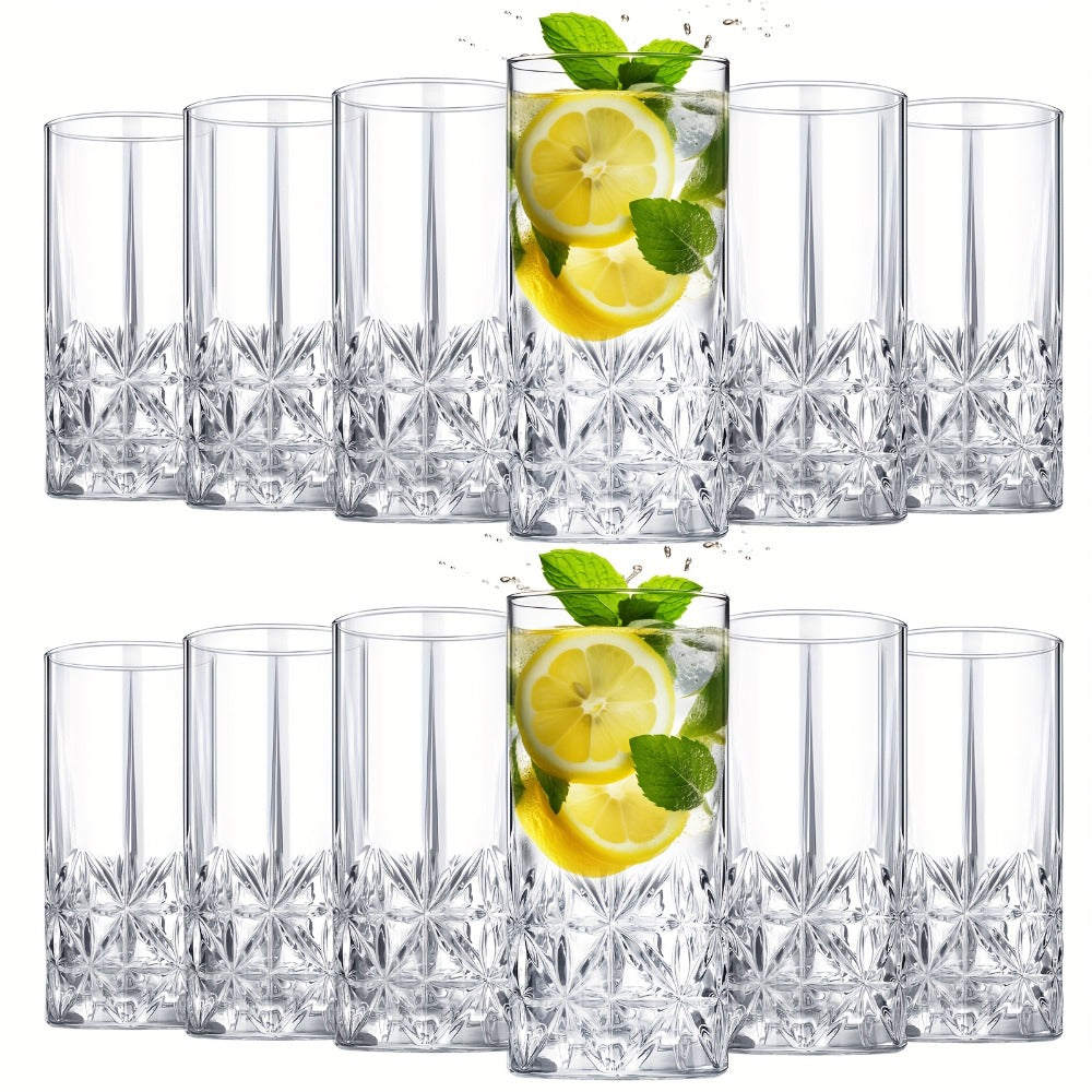 Highball Glasses Set of 12 – 12oz Crystal Clear Vintage Textured Tall Drinking Glasses, Dishwasher Safe Designer Glassware for Cocktail