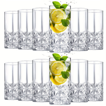 Highball Glasses Set of 12 – 12oz Crystal Clear Vintage Textured Tall Drinking Glasses, Dishwasher Safe Designer Glassware for Cocktail