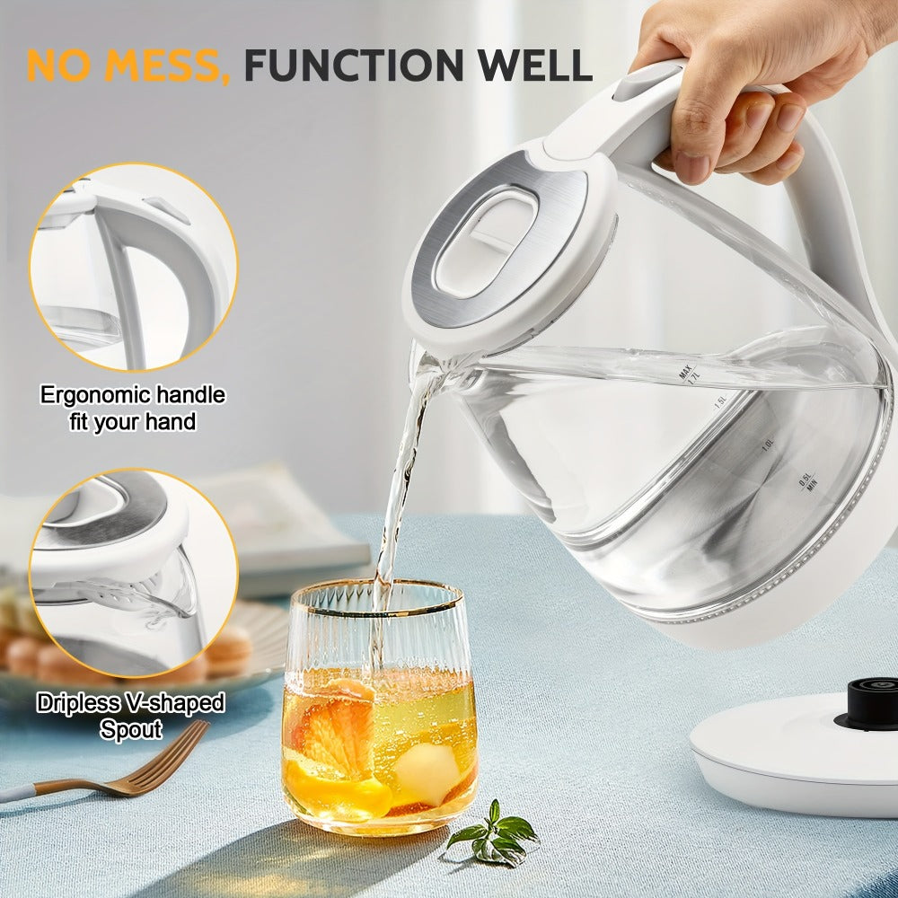 Electric Kettle 1.7L 1200W Borosilicate Glass with Blue LED, Auto Shut-Off and Cordless Base
