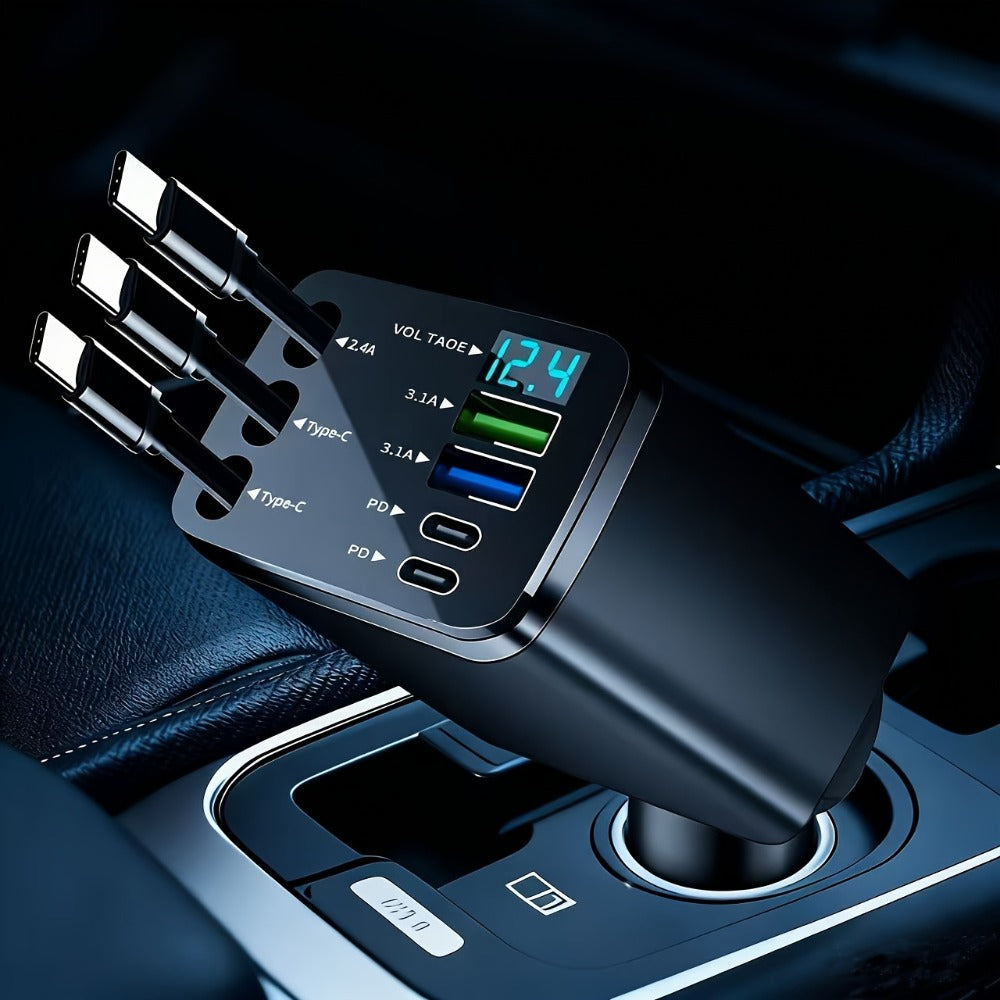 7-in-1 Car Fast Charger with 3 Retractable Cables, LED Digital Display, 180° Adjustable Arm, Universal Plug