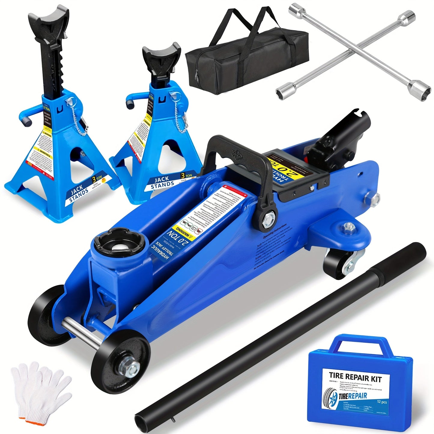 Hydraulic Floor Jack Kit 2/2.5/3 Ton Low Profile Trolley Jack with Jack Stands, Tire Repair Kit, Wheel Wrench & Wheel Chock Combo – Red/Blue