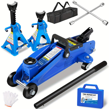 Hydraulic Floor Jack Kit 2/2.5/3 Ton Low Profile Trolley Jack with Jack Stands, Tire Repair Kit, Wheel Wrench & Wheel Chock Combo – Red/Blue
