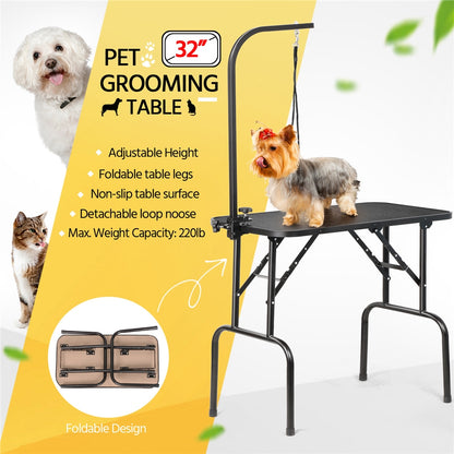 Pet Grooming Table Foldable with Height Adjustable Arm – Non-Slip Waterproof Surface, Folding Legs, Sturdy Metal Frame