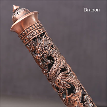 Incense Stick Holder Metal Retro Vertical Design, Dragon & Phoenix Heart Sutra Motif Brass Incense Burner Stand