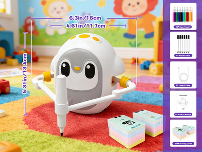 Drawing Robot for Kids Penguin, 200 Learning Cards & 12 Color Pens, STEM Art Educational Toy, Screen-Free Interactive Drawing Game