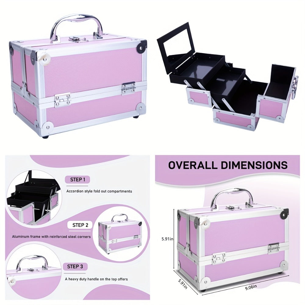 Lockable Aluminum Makeup Train Case with Extendable Trays Multi-Tier Professional Cosmetic Organizer – Portable Salon Travel Beauty Case