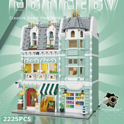 Modular City Building Blocks Set – European Architecture Grocery Store & Market Street, 3-Level Mini Brick Model Kit for Adults & Teens