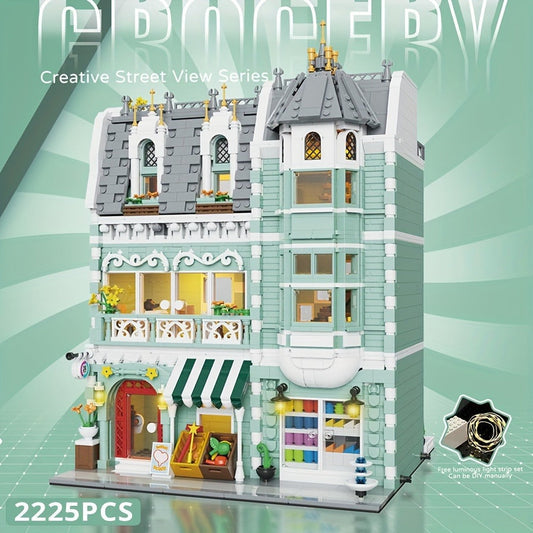 Modular City Building Blocks Set – European Architecture Grocery Store & Market Street, 3-Level Mini Brick Model Kit for Adults & Teens