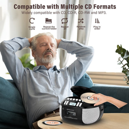CD and Cassette Player Combo Boombox Portable AM FM Radio Tape Recording Stereo Sound for Bedside Audio, Alarms and Room Entertainment