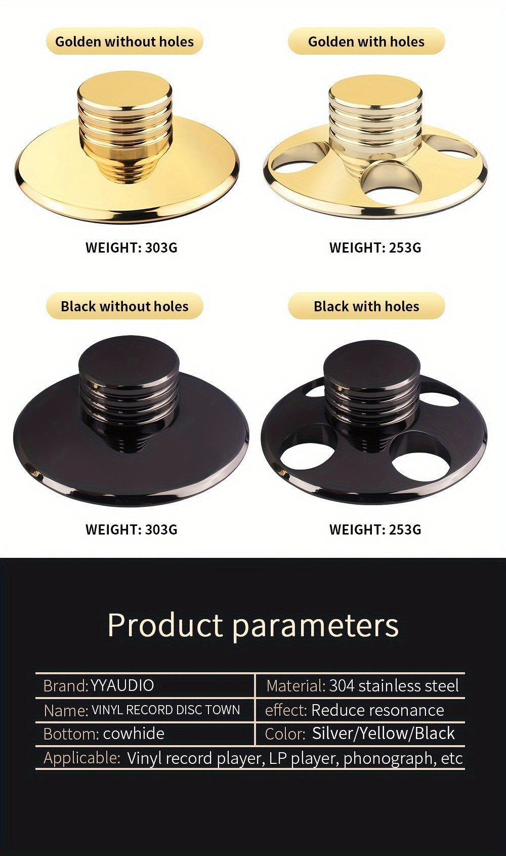 Vinyl Record Weight Stabilizer LP Clamp for Turntables | Metal Disc Stabilizer, Reduces Vibration & Noise, Polished Stainless Steel
