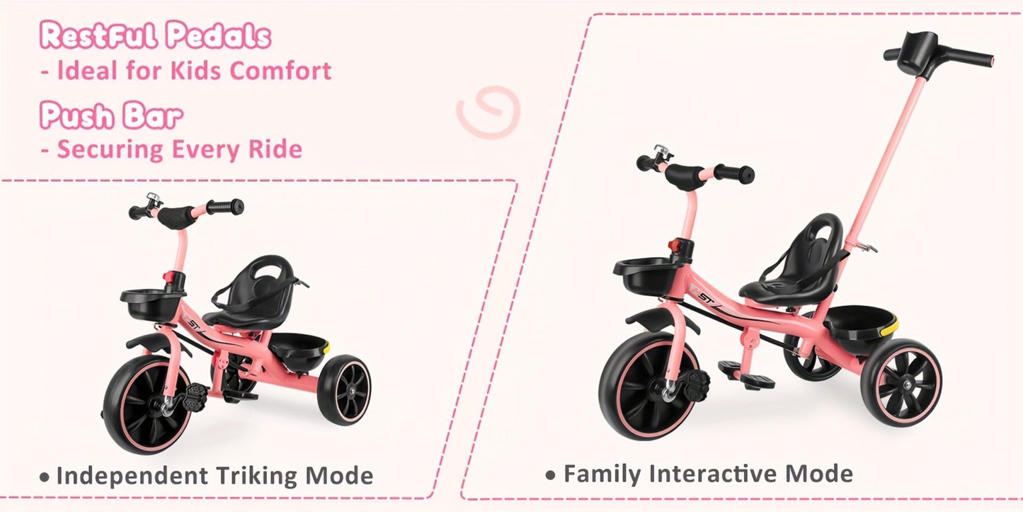 Push Handle Tricycle for Toddlers Girls Pink, 3 Wheel Trike Ages 18-60 Months with Padded Backrest