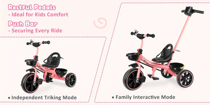 Push Handle Tricycle for Toddlers Girls Pink, 3 Wheel Trike Ages 18-60 Months with Padded Backrest