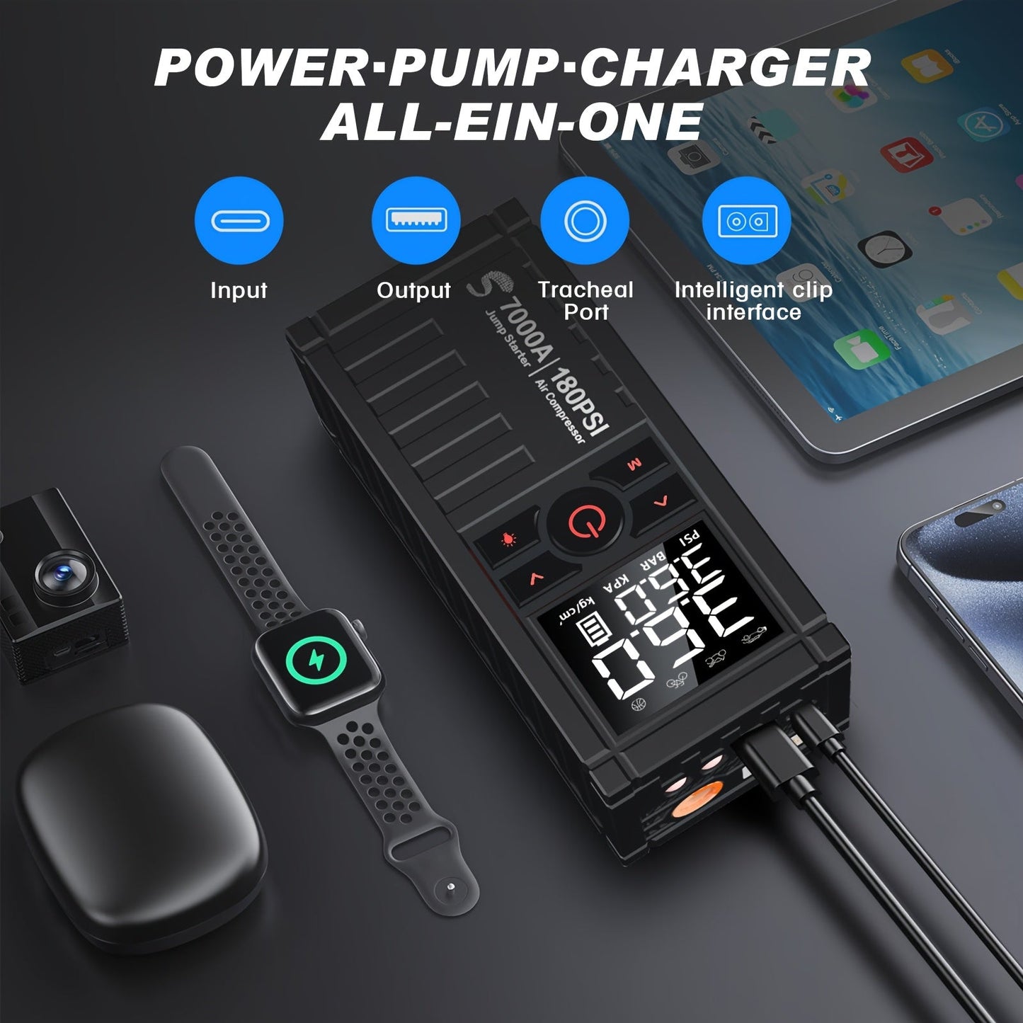 7000A Jump Starter 8-in-1 29800mAh with Air Compressor Tire Inflator SOS LED Flashlight Power Bank for Garden, Patio and Yard Use