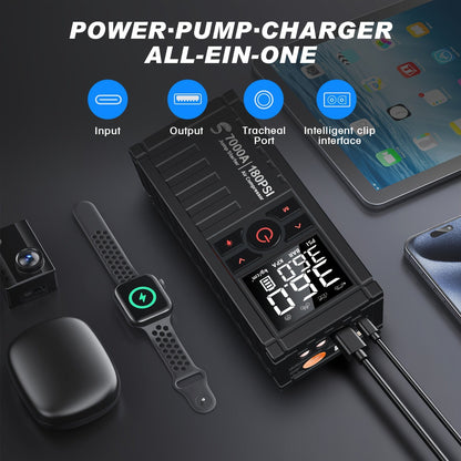 7000A Jump Starter 8-in-1 29800mAh with Air Compressor Tire Inflator SOS LED Flashlight Power Bank for Garden, Patio and Yard Use