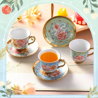 Floral Porcelain Tea Cups and Saucers Set of 12 – 5.4 Oz British Style Tea Party Cups – Classic Elegant Gift for Women