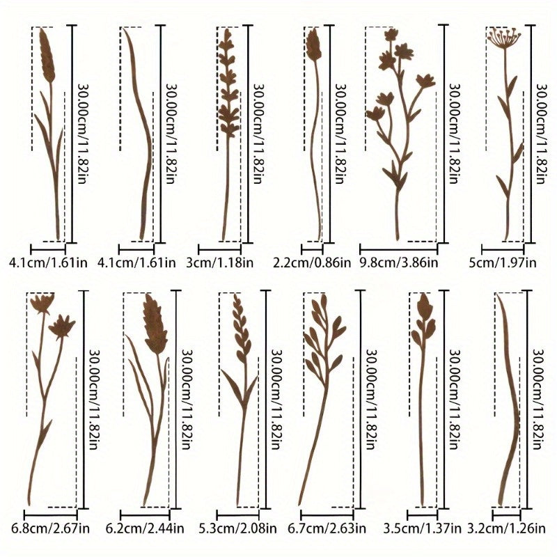 Rustic Metal Wildflower Stems, 12-Piece 30 cm Botanical Set for Vases, Planters and Garden Beds
