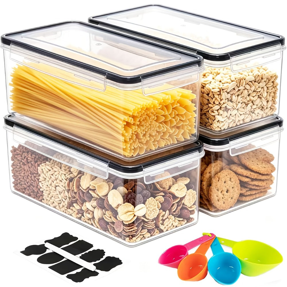 Food Storage Containers Four-Pack 108 oz Pantry Canisters with Clip-On Lids, Spoons, Labels and Pen