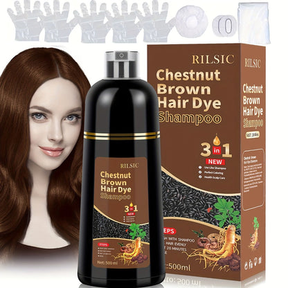 Hair Dye Shampoo, RILSIC Three-Pack of 500ml Bottles in Black, Brown, Dark Brown or Chestnut Brown