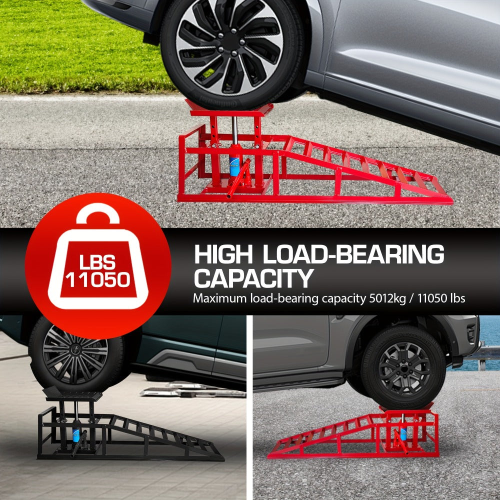Car Ramps 2-Pack Hydraulic High Lift 11, 050 lb Capacity Low Profile with Support Jack – Oil Change Service Ramps for Car Truck Trailer