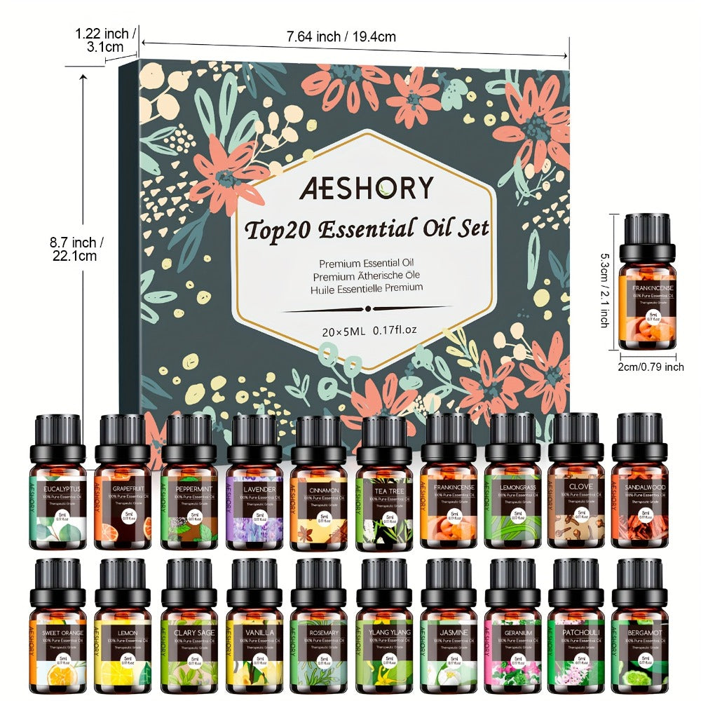 Essential Oil Assortment in 12, 20 or 26 Five-Milliliter Amber Bottles with Floral Gift Box