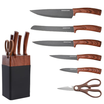 Seven-Piece Kitchen Knife Set with Five Dark Blades, Scissors, Wood-Look Handles and Storage Block