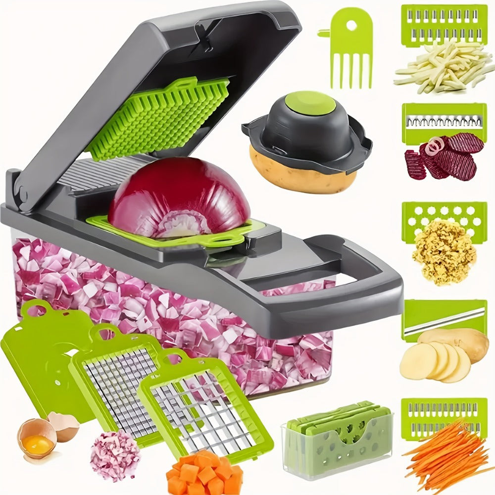 16-in-1 Vegetable Chopper Set with 8 Interchangeable Blades, Manual Food Chopper with Container, Peeler & Filter for Onion