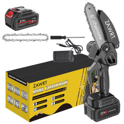 Electric Mini Chainsaw 6-Inch with Debris Guard & Toolbox - Cordless Handheld Pruning Saw with Safety Lock