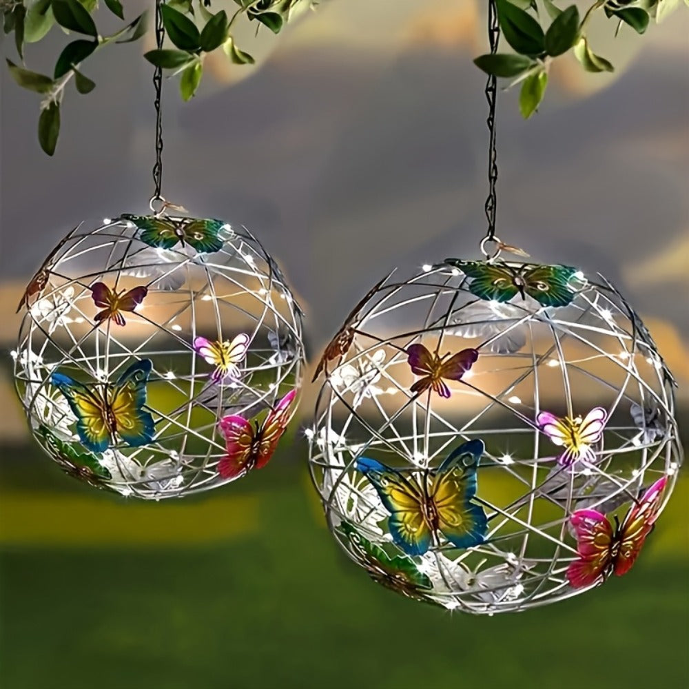 Solar Butterfly Lantern Outdoor Metal Iron Hanging Solar Light, Auto On at Dusk, White & Color Light