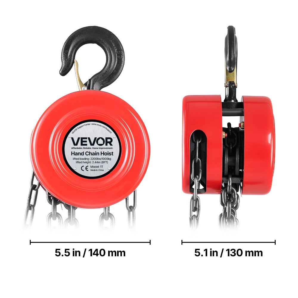 Hand Chain Hoist / Manual Chain Block with G70 Chain, 8 ft / 10 ft / 20 ft Lift Height, 360° Rotating Hooks