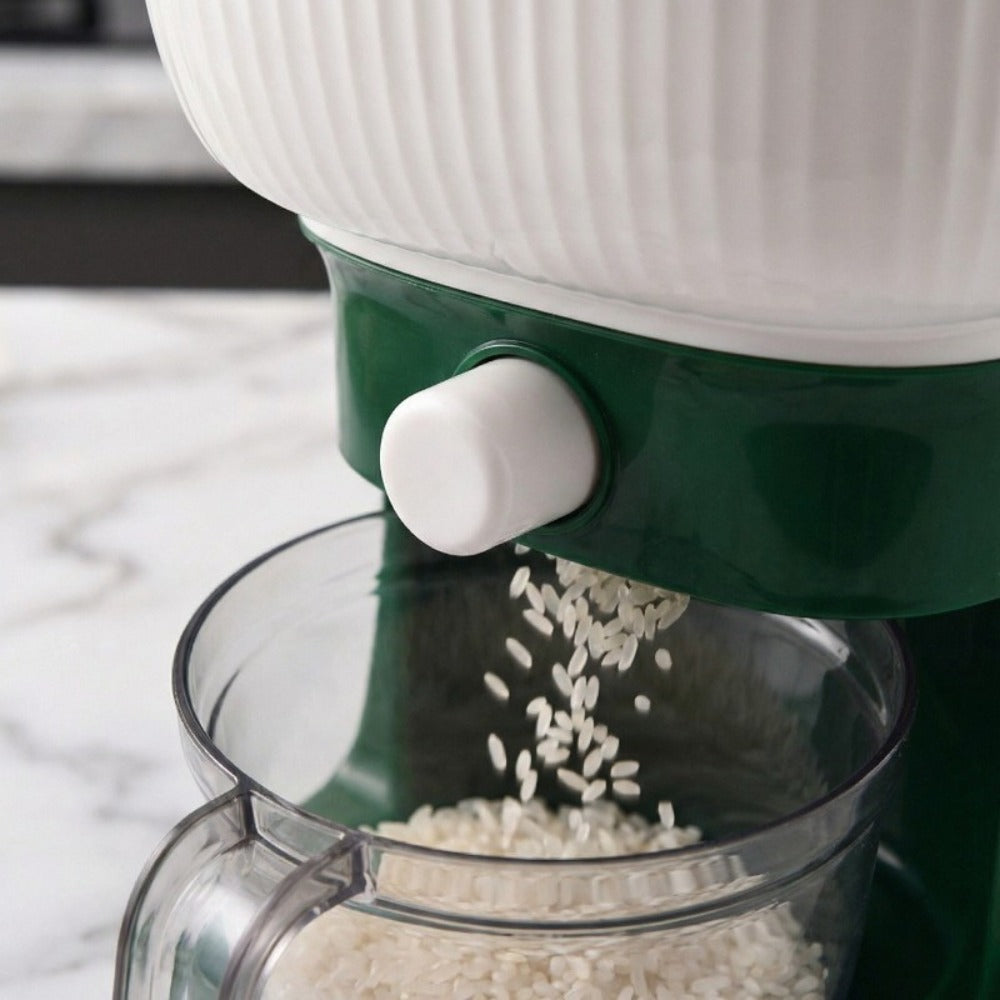 Rice Dispenser with Measuring Cup, Large 6-Chamber Sealed Grain Storage Container, Transparent Window