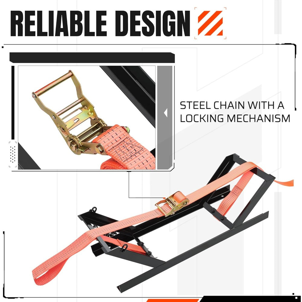 Semi Truck Spare Tire Carrier Rack Adjustable Steel Holder with Anti-Sway Chain & Ratchet Strap for Class 8 Semi-Trailers Kenworth Peterbilt