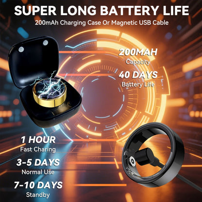 Smart Ring with Health Tracking & Charging Case – Step Count Calorie & Sleep Monitor | Long Battery | iOS & Android | Sizes #7–13 | Black
