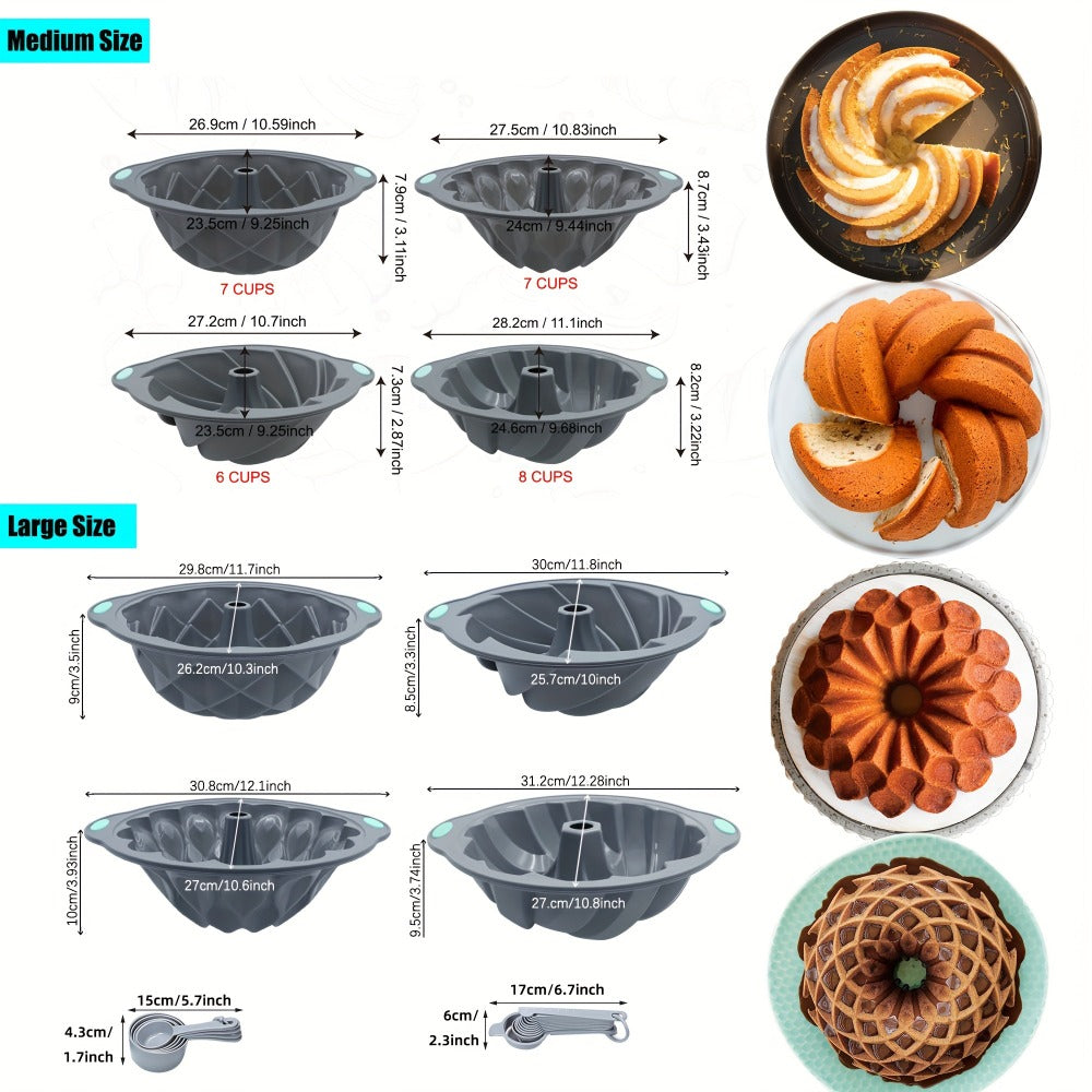 Silicone Bundt Cake Pan Set 9-Piece, Nonstick Fluted Hollow Cake Molds in Crown Nest Spiral Braided Shapes