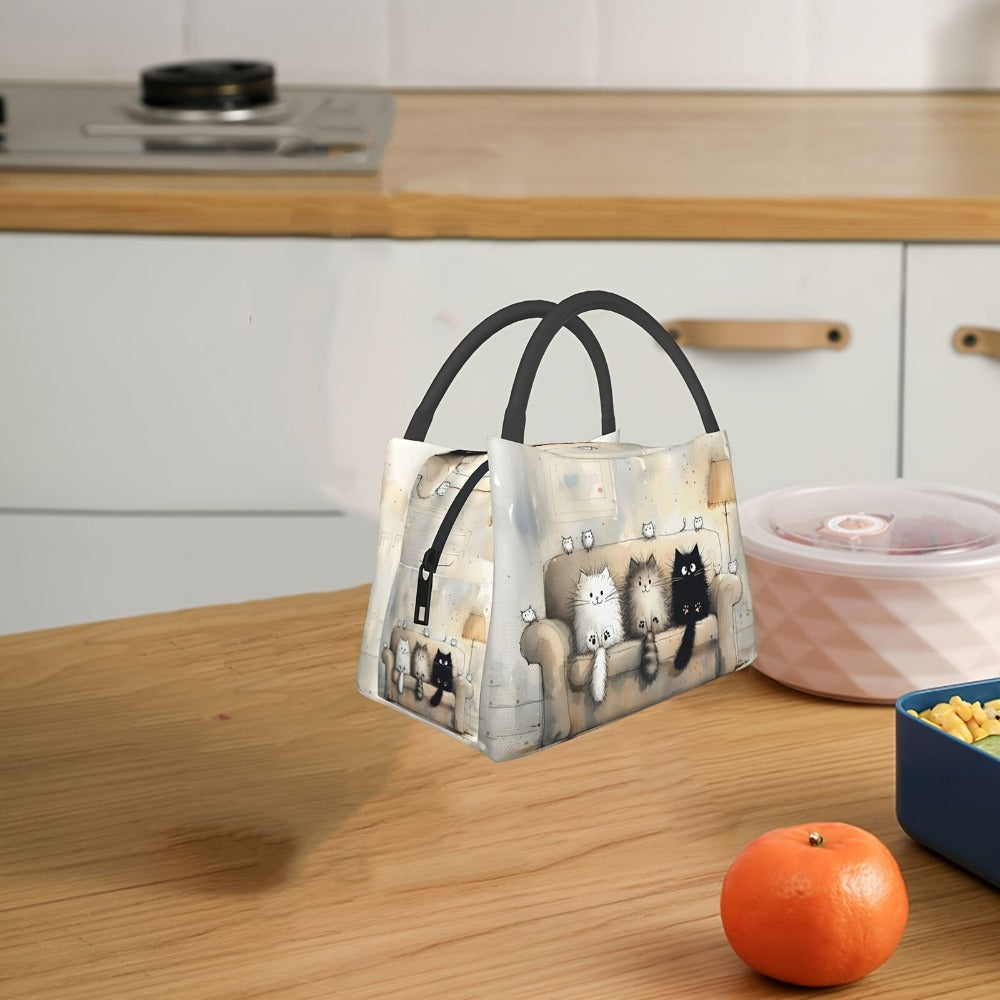 Cat Print Lunch Bag Tote, 11 x 6.3 x 6.7 Inches with Top Zipper, Dual Carry Handles and Tapered Profile
