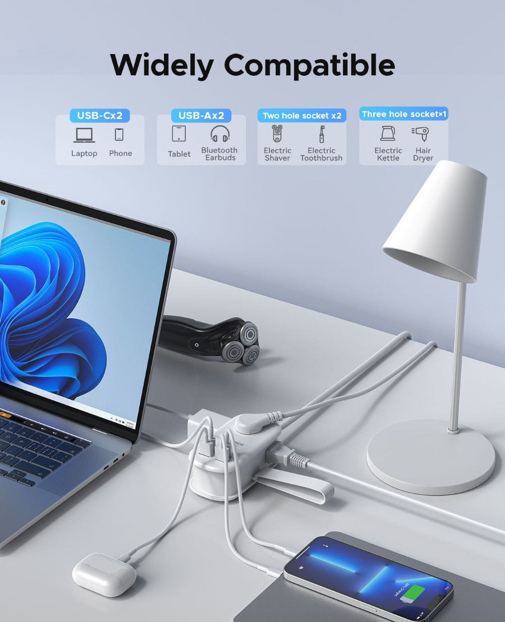 GaN 65W Portable Power Strip Fast Charging - 3 AC Outlets, 2 USB-C & 2 USB-A Ports, Flat Plug, 50-inch Cable