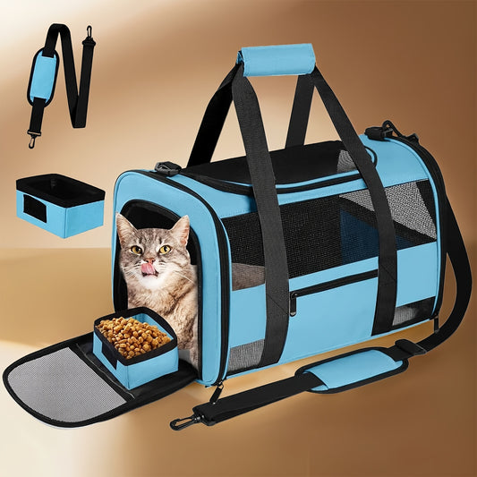 Airline Approved Soft-Sided Pet Carrier | TSA Collapsible Cat & Dog Travel Bag with Fleece Lining, Foldable Bowl, Mesh Ventilation