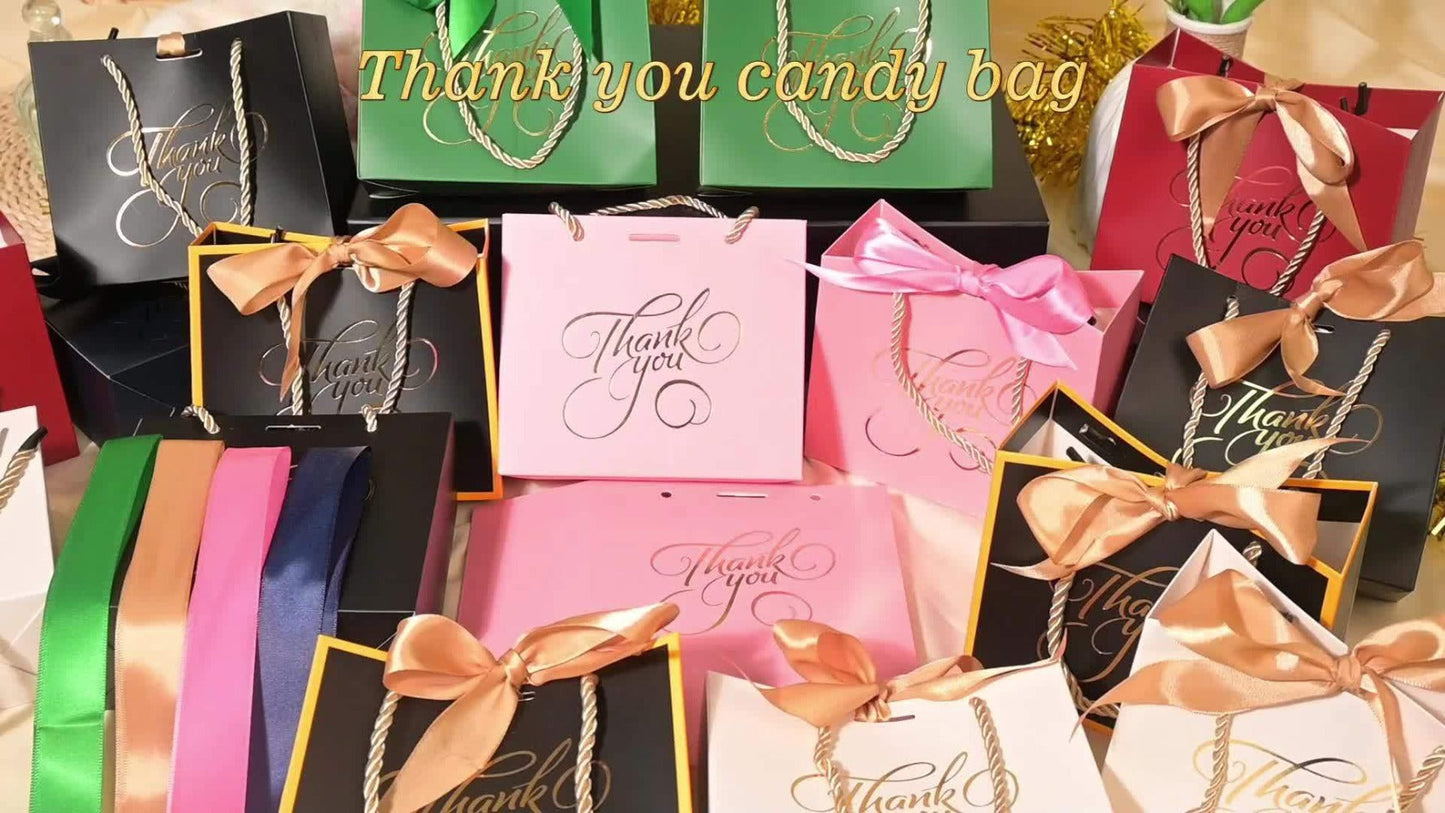 Gift Bag Set Small Thank You Print, 50 Handle Bags in Pink, Green, White, Red or Blue, 5.5 x 2.4 x 4.7 Inches