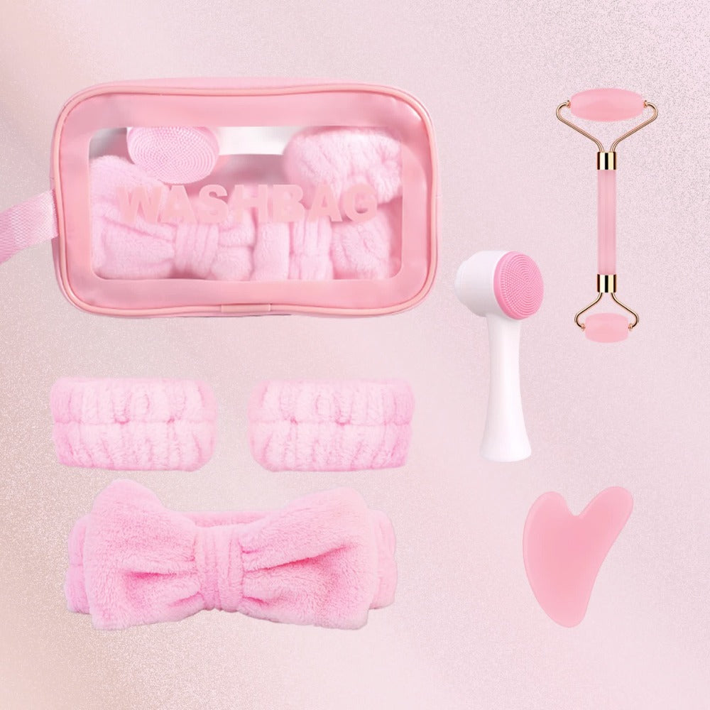 Facial Cleansing Massage Set 7Pcs Silicone Face Brush Double-Headed Roller Massager Heart Scraping Board Wristbands Hair Band Pink Storage