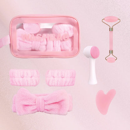 Facial Cleansing Massage Set 7Pcs Silicone Face Brush Double-Headed Roller Massager Heart Scraping Board Wristbands Hair Band Pink Storage