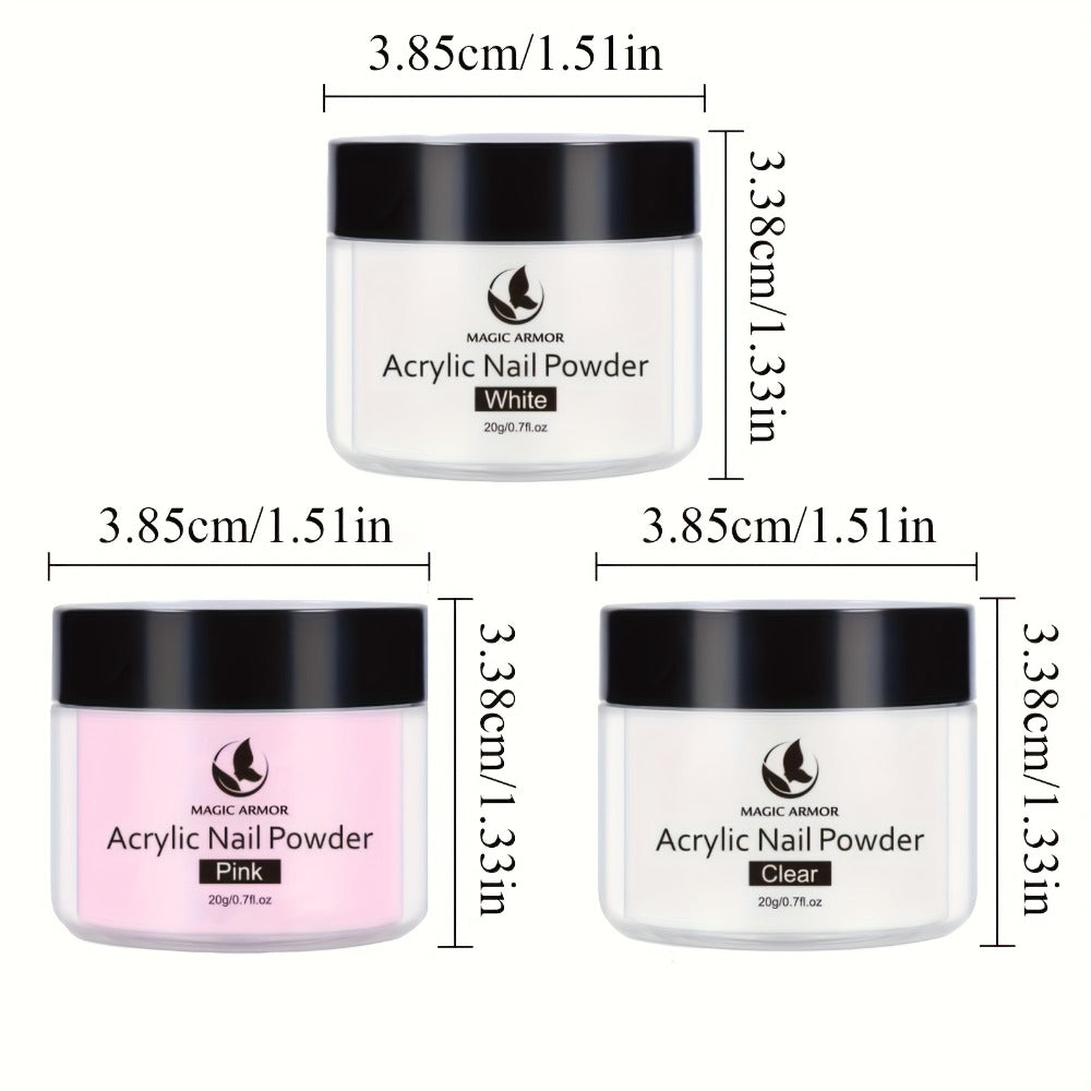 Acrylic Nail Kit with Clear Pink White Powders, Liquid Monomer, Four Brushes, Forms and Mixing Dish