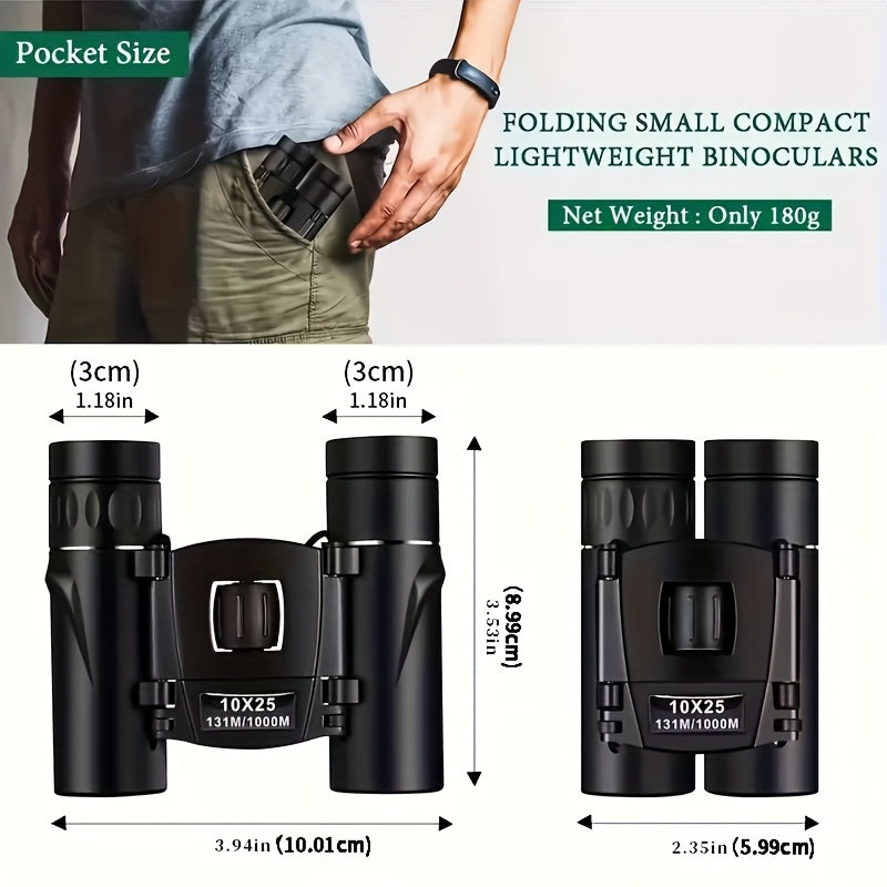 Compact 10x25 Pocket Binoculars with Smartphone Adapter, Center Focus and Folding Body in Black
