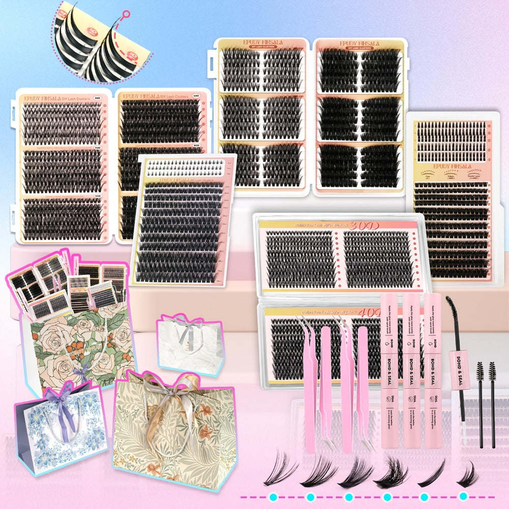 DIY Lash Clusters Gift Set 30D-100D Mixed Length Soft Fluffy Volume Cluster Lashes with Tweezers & Mascara