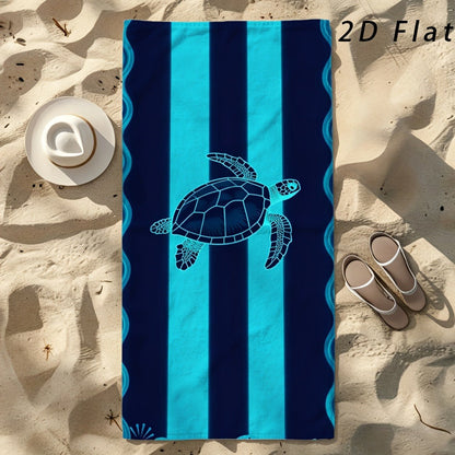 Sea Turtle Beach Towel, Blue Striped Nautical Print, Microfiber, Stylized Wave Pattern, Ideal for Beach Trips