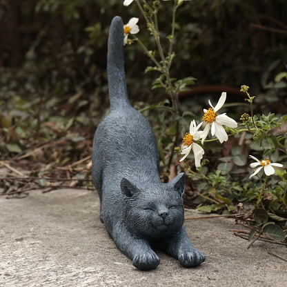 Yoga Cat Statue Hand-Painted Stretching Cat Figurine Grey Resin Decorative Sculpture for Home Office for Garden, Patio and Yard Use