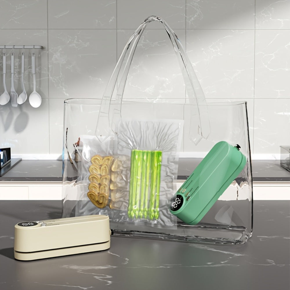 Compact Rechargeable Bag Vacuum Sealer with Digital Display, One-Touch Controls and Beige or Green Finish